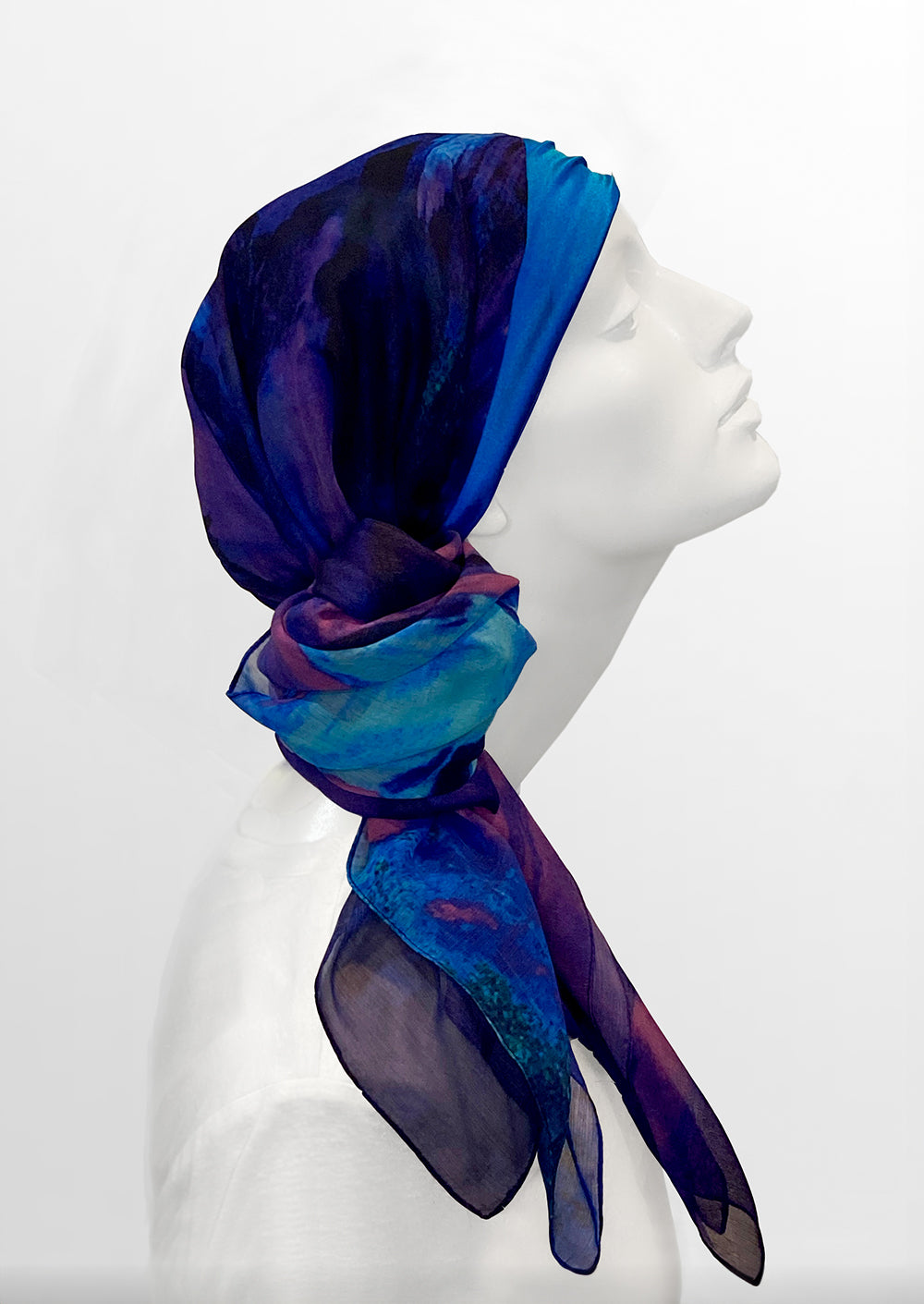bright blue and purple silk & chiffon headscarf on mannequin