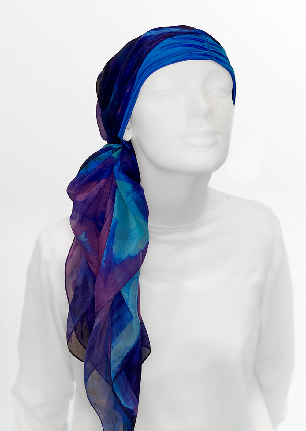 bright blue and purple silk & chiffon headscarf on mannequin